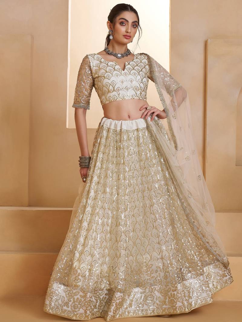 Fantastic Off-White Thread Embroidered Net Wedding Wear Lehenga Choli
