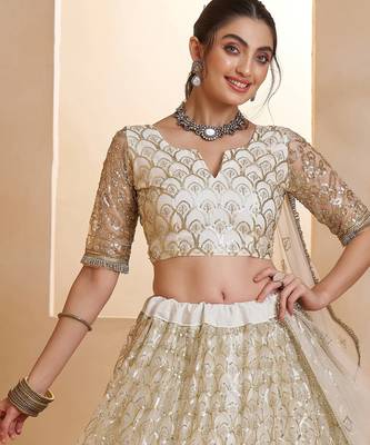 Fantastic Off-White Thread Embroidered Net Wedding Wear Lehenga Choli 4
