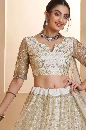 Fantastic Off-White Thread Embroidered Net Wedding Wear Lehenga Choli