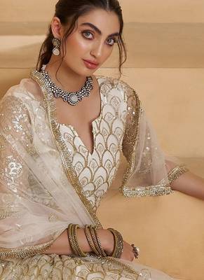 Fantastic Off-White Thread Embroidered Net Wedding Wear Lehenga Choli 5
