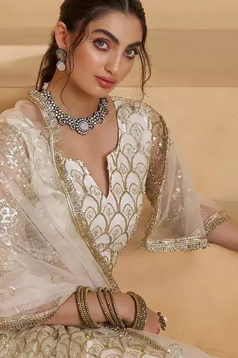 Fantastic Off-White Thread Embroidered Net Wedding Wear Lehenga Choli