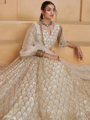 Fantastic Off-White Thread Embroidered Net Wedding Wear Lehenga Choli 7