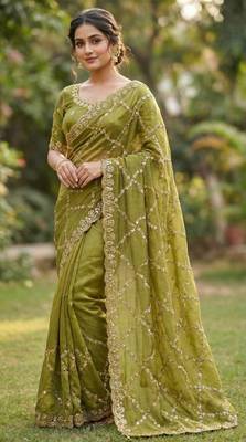 Olive Color Gold  Beads Work with Cut work Satin art silk saree 1