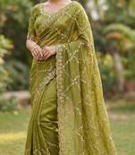 Olive Color Gold  Beads Work with Cut work Satin Silk Saree