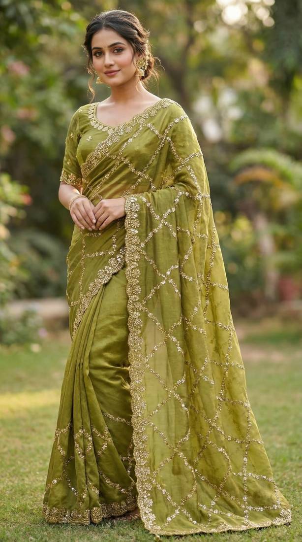 Olive Color Gold  Beads Work with Cut work Satin Silk Saree
