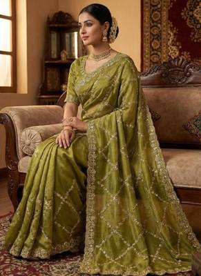 Olive Color Gold  Beads Work with Cut work Satin art silk saree 2