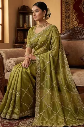 Olive Color Gold  Beads Work with Cut work Satin Silk Saree