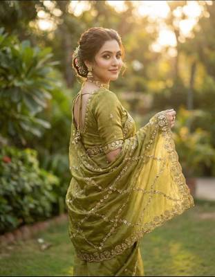Olive Color Gold  Beads Work with Cut work Satin art silk saree 3