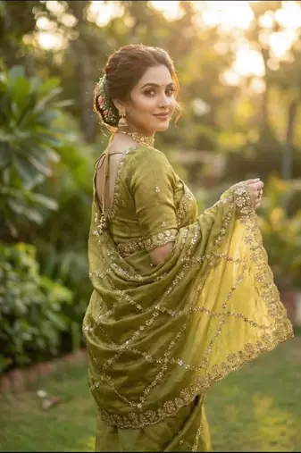 Olive Color Gold  Beads Work with Cut work Satin Silk Saree