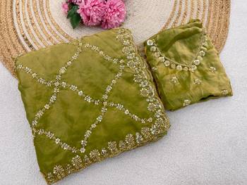 Olive Color Gold  Beads Work with Cut work Satin art silk saree 4