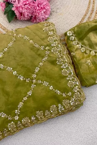 Olive Color Gold  Beads Work with Cut work Satin Silk Saree