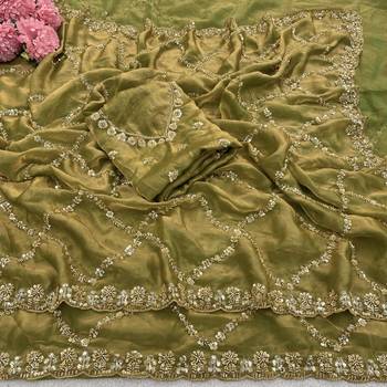 Olive Color Gold  Beads Work with Cut work Satin art silk saree 5