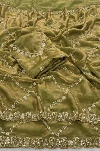 Olive Color Gold  Beads Work with Cut work Satin Silk Saree
