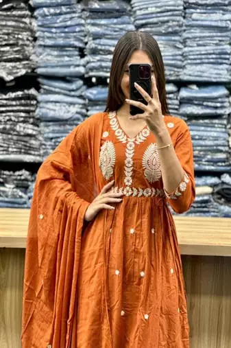 Floral embroidered v neck  cotton kurta trosuer and dupatta set