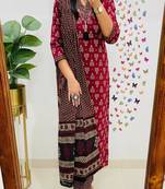 Floral printed v neck pure cotton kurta trosuer and dupatta set