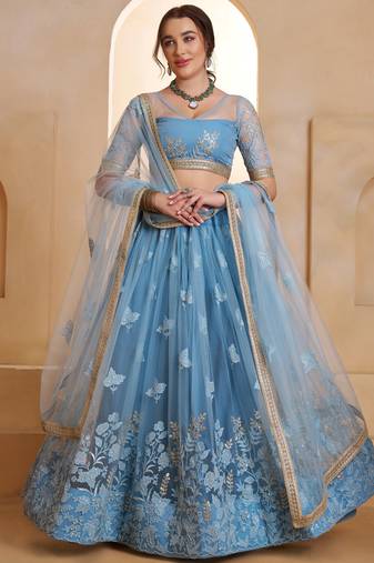 Fabulous Blue Thread Embroidered Net Sangeet Wear Lehenga Choli