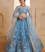Fabulous Blue Thread Embroidered Net Sangeet Wear Lehenga Choli
