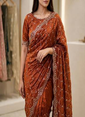 Orange Color Gold  Beads Work with Cut work Satin art silk saree 1