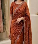 Orange Color Gold  Beads Work with Cut work Satin art silk saree