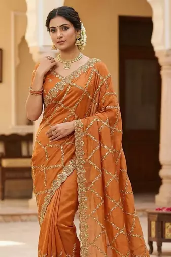 Orange Color Gold  Beads Work with Cut work Satin Silk Saree