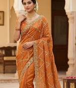 Orange Color Gold  Beads Work with Cut work Satin Silk Saree