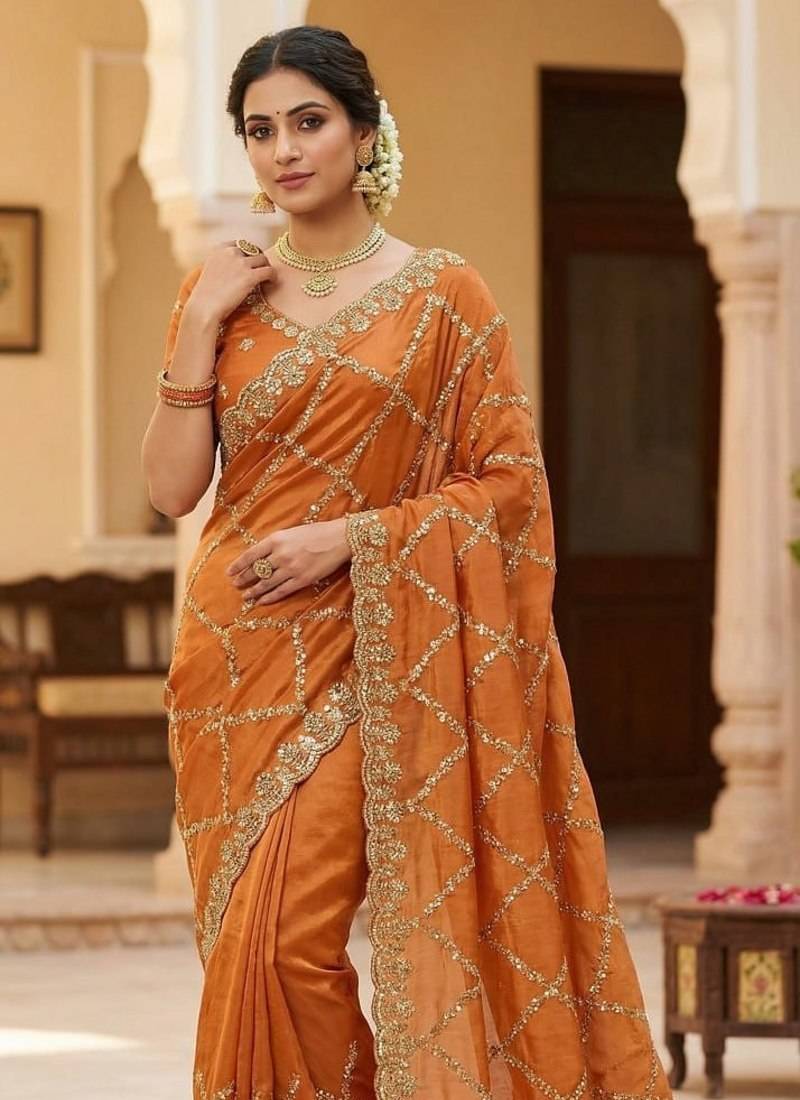 Orange Color Gold  Beads Work with Cut work Satin Silk Saree