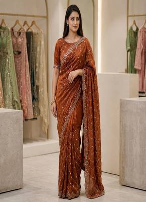 Orange Color Gold  Beads Work with Cut work Satin art silk saree 2