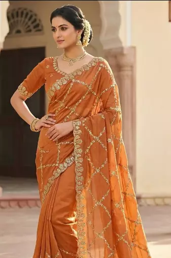 Orange Color Gold  Beads Work with Cut work Satin art silk saree