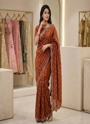 Orange Color Gold  Beads Work with Cut work Satin art silk saree 3