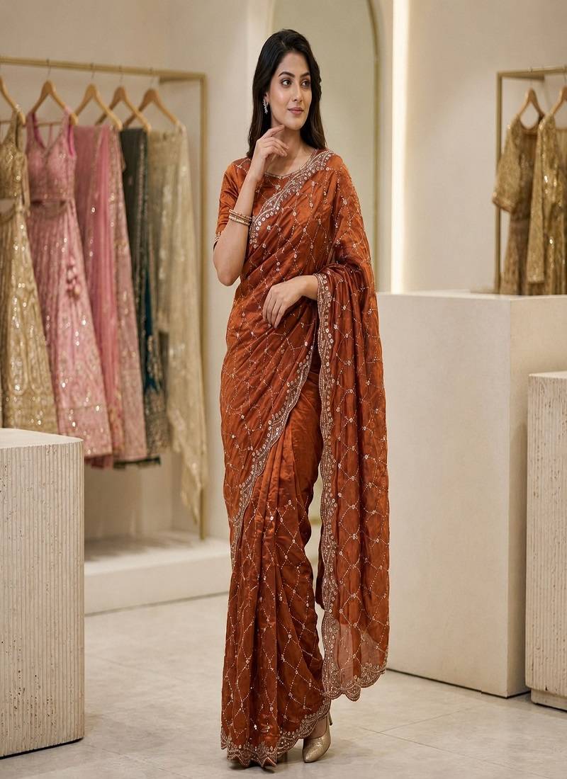 Orange Color Gold  Beads Work with Cut work Satin art silk saree