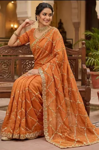 Orange Color Gold  Beads Work with Cut work Satin art silk saree