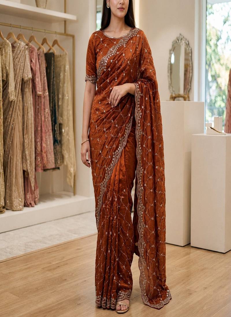 Orange Color Gold  Beads Work with Cut work Satin art silk saree