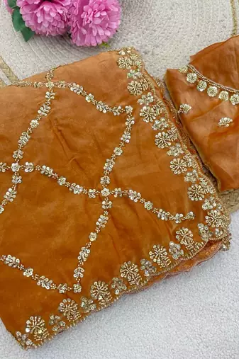 Orange Color Gold  Beads Work with Cut work Satin art silk saree