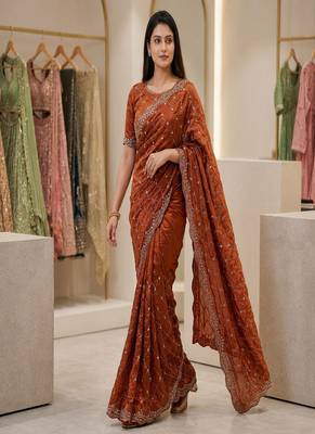 Orange Color Gold  Beads Work with Cut work Satin art silk saree 5