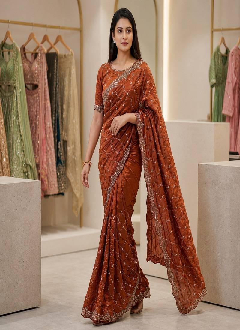 Orange Color Gold  Beads Work with Cut work Satin art silk saree