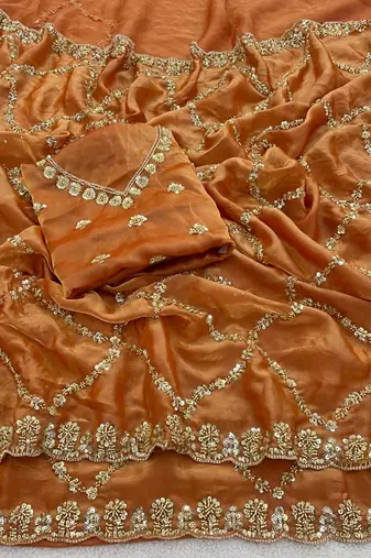 Orange Color Gold  Beads Work with Cut work Satin art silk saree