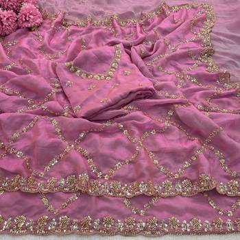 Pink Color Gold  Beads Work with Cut work Satin art silk saree 1