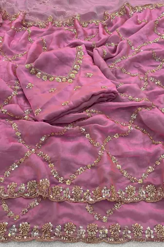 Pink Color Gold  Beads Work with Cut work Satin Silk Saree