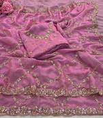 Pink Color Gold  Beads Work with Cut work Satin Silk Saree