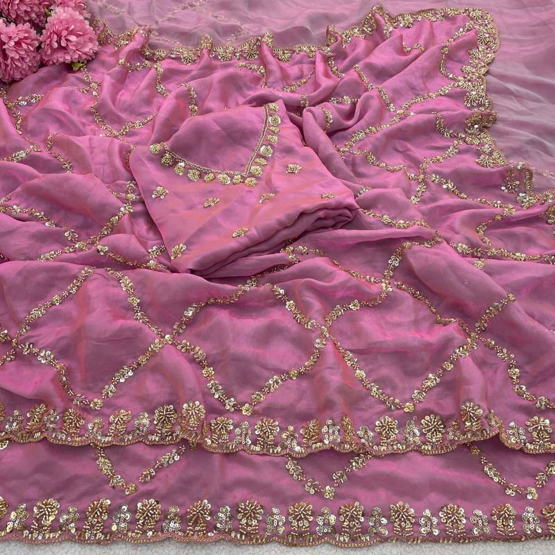 Pink Color Gold  Beads Work with Cut work Satin Silk Saree