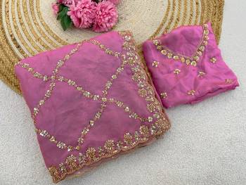Pink Color Gold  Beads Work with Cut work Satin art silk saree 2