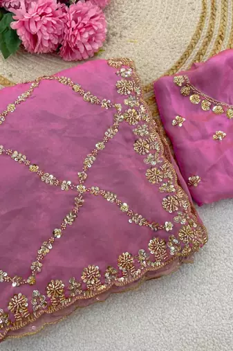 Pink Color Gold  Beads Work with Cut work Satin art silk saree