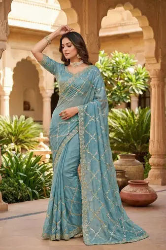 Sky Blue Color Gold  Beads Work with Cut work Satin Silk Saree