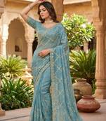 Sky Blue Color Gold  Beads Work with Cut work Satin Silk Saree