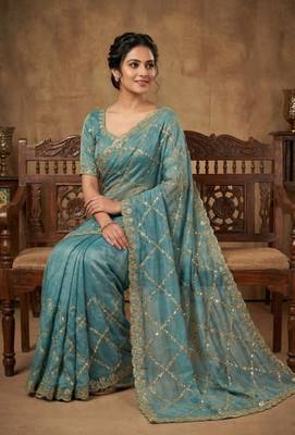 Sky Blue Color Gold  Beads Work with Cut work Satin art silk saree 2