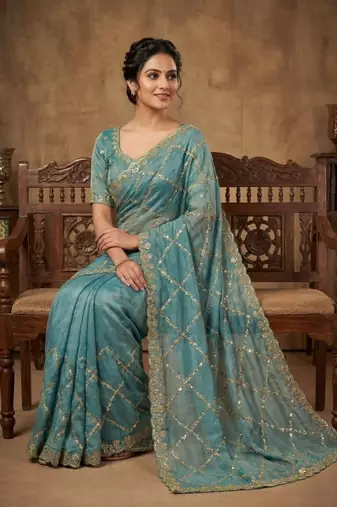 Sky Blue Color Gold  Beads Work with Cut work Satin art silk saree