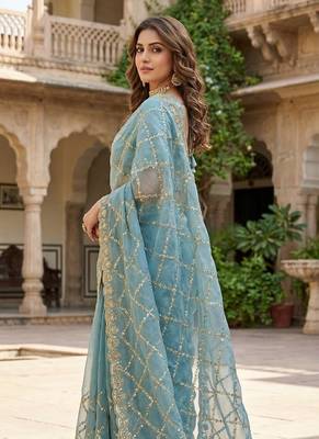 Sky Blue Color Gold  Beads Work with Cut work Satin art silk saree 3
