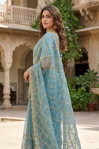 Sky Blue Color Gold  Beads Work with Cut work Satin art silk saree