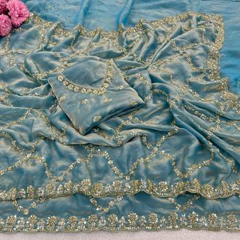 Sky Blue Color Gold  Beads Work with Cut work Satin art silk saree 4