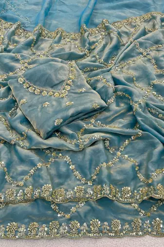 Sky Blue Color Gold  Beads Work with Cut work Satin art silk saree